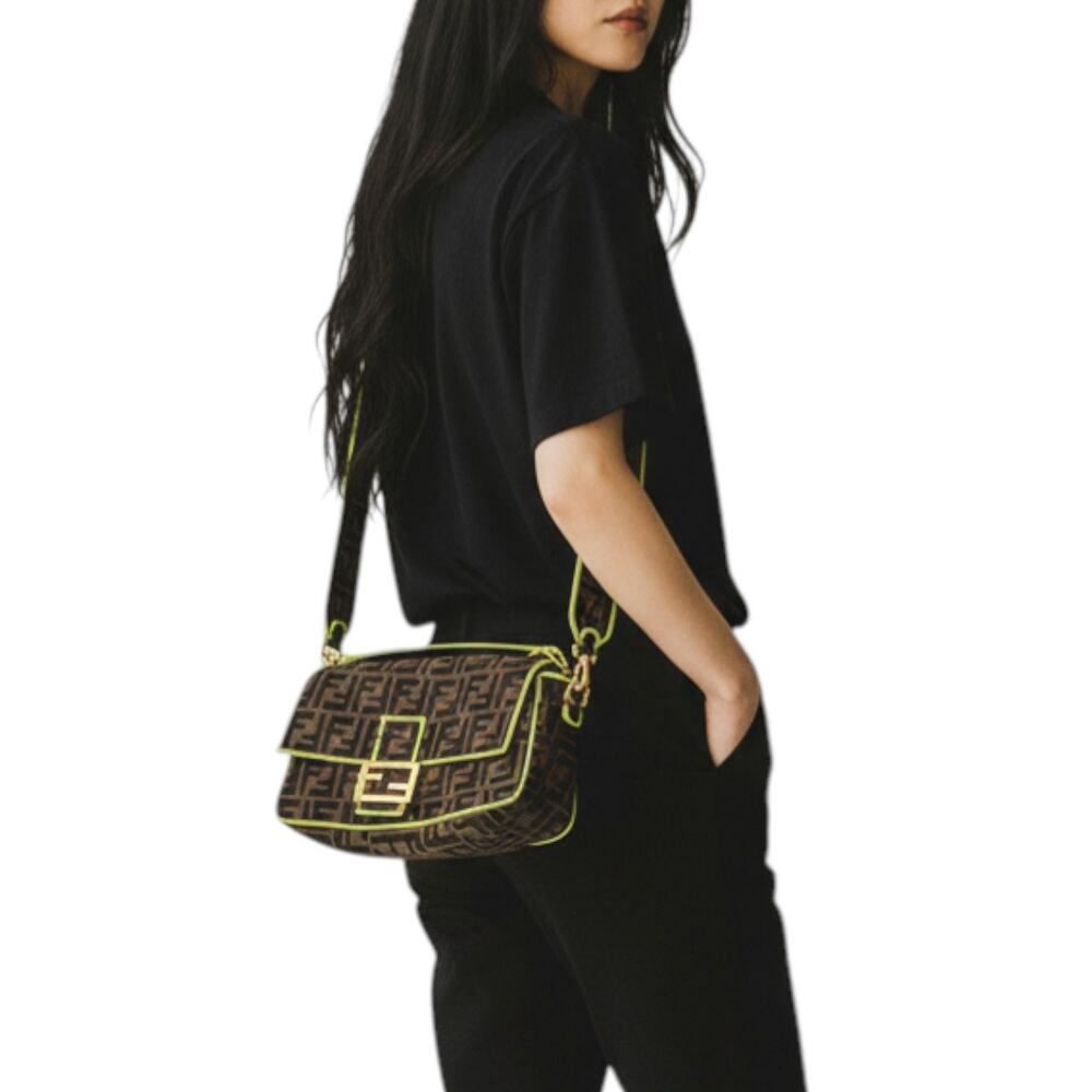 Fendi Zucca Embroidered Canvas Baguette Medium Shoulder Bag Brown Neon Women's - Picture 1 of 16